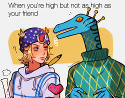 Rule 34 | 2boys, artist name, blonde hair, bloodshot eyes, blue hat, bong, commentary, diego brando, dinosaur, english commentary, english text, feathers, green sweater, hat, heart, highres, horseshoe, huyandere, johnny joestar, jojo no kimyou na bouken, male focus, multiple boys, scary monsters (stand), signature, stand (jojo), star (symbol), star print, steel ball run, sweat, sweater, turtleneck, turtleneck sweater