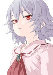 Rule 34 | 1girl, ascot, blue hair, blush, brooch, dress, fang, fang out, fkey, frilled shirt collar, frills, hair between eyes, highres, jewelry, looking at viewer, no headwear, pink dress, red ascot, red eyes, remilia scarlet, short hair, simple background, solo, touhou, upper body, white background