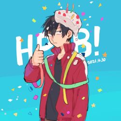 Rule 34 | 1boy, birthday cake, black eyes, black hair, black shirt, blue background, cake, casual, closed mouth, collared jacket, commentary request, confetti, cream, dated, food, food on clothes, food on head, hair between eyes, happy birthday, highres, jacket, kagerou project, kisaragi shintarou, light frown, looking at viewer, male focus, object on head, open clothes, open jacket, pentagon (shape), popped collar, red jacket, sanpaku, shirt, sideways glance, simple background, single stripe, solo, star (symbol), striped, t-shirt, thumbs up, track jacket, triangle, upper body, v-neck, wastegoma, white stripes