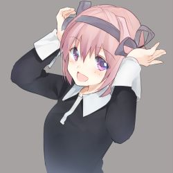 Rule 34 | 00s, 1girl, :d, arms up, bunkyo takemi, elfen lied, grey background, hairband, long sleeves, nana (elfen lied), open mouth, pink eyes, pink hair, purple eyes, short hair, simple background, smile, solo