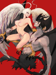 Rule 34 | 1boy, 1girl, blue eyes, breasts, claws, demon, demon boy, demon tail, demon wings, devilman, devilman crybaby, feathered wings, feathers, fudou akira, head wings, large wings, monster boy, red background, topless male, simple background, siren (devilman), tail, talons, white hair, wings