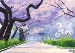 Rule 34 | blue sky, bush, cherry blossoms, commentary, day, gate, grass, highres, hirota (masasiv3), no humans, outdoors, path, road, scenery, sky, tree