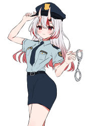 Rule 34 | 1girl, absurdres, adjusting clothes, adjusting headwear, alternate costume, black skirt, blue necktie, blue shirt, blush, breasts, collared shirt, cowboy shot, cuffs, dress shirt, hair between eyes, handcuff dangle, handcuffs, hat, highres, hololive, horns, karashi (asarikarasi), long hair, looking at viewer, medium breasts, miniskirt, multicolored hair, nakiri ayame, necktie, parted lips, pencil skirt, police, police hat, police uniform, red eyes, red hair, shirt, shirt tucked in, short sleeves, silver hair, simple background, skin-covered horns, skirt, smile, solo, standing, streaked hair, two-tone hair, uniform, virtual youtuber, white background