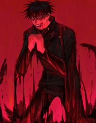 Rule 34 | 1boy, aura, black hair, black jacket, black pants, bleeding, blood, blood on face, blood on hands, blue eyes, buttons, crazy eyes, crazy smile, eyelashes, fushiguro megumi, hair between eyes, high collar, highres, jacket, jujutsu kaisen, li chestnuts, long sleeves, looking away, male focus, open mouth, own hands together, pants, red theme, school uniform, short hair, smile, solo, spiked hair, teeth, v-shaped eyebrows