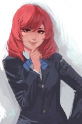 Rule 34 | 1girl, artist request, drawfag, eyelashes, female focus, hand on own chin, highres, looking at viewer, love live!, nishikino maki, no lineart, purple eyes, realistic, red hair, school uniform, short hair, simple background, solo, source request, third-party source, upper body