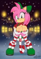 Rule 34 | amy rose, bow hairband, breasts, candy, candy cane, excito, female focus, food, hairband, highres, jingle belle amy (sonic), large breasts, object insertion, pussy, snow, sonic (series), sonic forces: speed battle, thighhighs