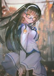 Rule 34 | 1girl, alternate costume, arm at side, arm behind back, bad id, bad twitter id, black hair, black pantyhose, blue-framed eyewear, blue ribbon, blunt bangs, blurry, blush, breasts, cityscape, confetti, depth of field, floating hair, flower, from side, girls&#039; frontline, glasses, hair flower, hair ornament, hairband, hanato (seonoaiko), head tilt, large breasts, long hair, long sleeves, looking at viewer, neck ribbon, pantyhose, parted lips, ribbon, semi-rimless eyewear, shirt, sidelocks, skirt, solo, sparkle, twitter username, type 95 (girls&#039; frontline), white hairband, white shirt, white skirt, wind, wind lift, yellow eyes