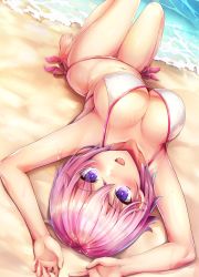 Rule 34 | 1girl, :d, armpits, arms up, bare arms, bare shoulders, barefoot, beach, bikini, blush, breasts, cleavage, collarbone, fate/grand order, fate (series), hair between eyes, halterneck, highres, large breasts, looking at viewer, mash kyrielight, mash kyrielight (swimsuit of perpetual summer), official alternate costume, open mouth, outdoors, pink hair, purple eyes, samoore, short hair, side-tie bikini bottom, smile, solo, string bikini, swimsuit, upper body, upside-down, white bikini