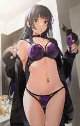 Rule 34 | 1girl, black hair, black nails, blush, bocchi the rock!, bra, breasts, choker, commentary request, dog, ear piercing, goth fashion, green eyes, highres, holding, holding phone, long hair, looking at viewer, medium breasts, multicolored hair, navel piercing, open clothes, pa-san, panties, parted lips, phone, piercing, purple hair, solo, tipii, underwear