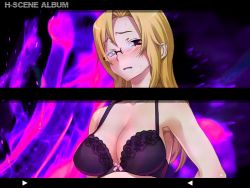 Rule 34 | 1girl, bare shoulders, blonde hair, blush, bra, breasts, cleavage, embarrassed, game cg, glasses, hentai mask seigi no mikata wa t-back.tte aho na!, large breasts, long hair, looking at viewer, red eyes, saliva, sameda koban, simple background, standing, sweat, underwear