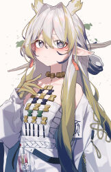 Rule 34 | 1girl, absurdres, arknights, bare shoulders, beudelb, blonde hair, blue eyes, choker, coat, commentary request, cowboy shot, grey background, hand up, highres, jewelry, looking at viewer, multicolored hair, necklace, off shoulder, open clothes, open coat, pants, pointy ears, shu (arknights), simple background, solo, standing, strapless, streaked hair, tube top, white coat, white hair, white pants