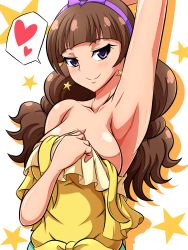 Rule 34 | 1girl, alternate breast size, amanogawa kirara, aokura shou, arm up, armpits, blush, breasts, brown hair, cleavage, collarbone, earrings, front-tie top, go! princess precure, heart, highres, jewelry, large breasts, long hair, looking at viewer, naughty face, precure, purple eyes, shadow, simple background, smile, solo, spoken heart, star (symbol), star earrings, starry background, strap slip, twintails