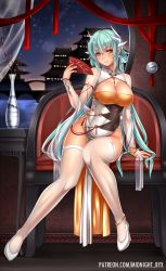 Rule 34 | breasts, chair, china dress, chinese clothes, cleavage, dress, evening, fate/grand order, fate (series), full body, green hair, hand fan, happy new year, high heels, highres, holding, holding fan, horns, kiyohime (fate), legs, long hair, midnight (banyex), new year, no panties, see-through, single horn, sitting, solo, table, thighhighs, very long hair, white dress, white thighhighs, yellow eyes