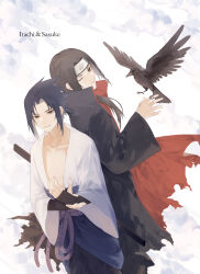 Rule 34 | 2boys, absurdres, akatsuki uniform, back-to-back, bird, bird on hand, black cloak, black hair, black pants, black robe, black wings, cape, cloak, cloud, crow, expressionless, feathered wings, hand up, headband, highres, japanese clothes, long hair, lydiaaa, male focus, multiple boys, naruto, naruto (series), one eye closed, open clothes, open robe, outstretched hand, pants, parted bangs, robe, short hair, sky, torn cape, torn clothes, uchiha itachi, uchiha sasuke, white robe, wings