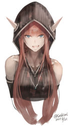 Rule 34 | 1girl, 2022, black sleeves, black sweater, blue eyes, brown hair, collarbone, cropped torso, dated, detached sleeves, fang, hood, hood up, hooded sweater, long hair, looking at viewer, open mouth, original, simple background, sleeveless, sleeveless sweater, solo, sushi (sashimise), sweater, twitter username, very long hair, white background