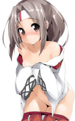 Rule 34 | 10s, 1girl, blush, breasts, brown eyes, clothes pull, grey hair, hachimaki, headband, japanese clothes, kantai collection, long hair, looking at viewer, personification, ponytail, simple background, skirt, skirt pull, small breasts, solo, terazip, white background, zuihou (kancolle)