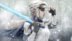 Rule 34 | 1girl, alternate costume, armor, blonde hair, blue eyes, breastplate, cape, commentary, fingerless gloves, full armor, gloves, greaves, hair ornament, hairclip, helmet, kumanz, lips, long hair, master sword, nintendo, nose, pauldrons, pointy ears, princess zelda, shoulder armor, snow, snowing, solo, sword, the legend of zelda, the legend of zelda: breath of the wild, thick eyebrows, weapon, winter