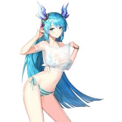 Rule 34 | 1girl, arm up, armpits, bikini, blue bikini, blue eyes, blue hair, breasts, closed mouth, clothes pull, collarbone, contrapposto, cowboy shot, crop top, dragon horns, hair ornament, halterneck, horns, king&#039;s raid, laias (king&#039;s raid), large breasts, long hair, looking at viewer, navel, no pants, official art, pointy ears, see-through, shirt, shirt pull, short sleeves, side-tie bikini bottom, side-tie shirt, sidelocks, smile, solo, standing, stomach, string bikini, striped bikini, striped clothes, swimsuit, thighs, transparent background, very long hair, wet, wet clothes, wet shirt, white shirt