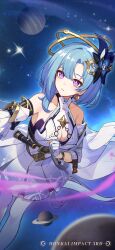 Rule 34 | 1girl, aged up, bare shoulders, blue hair, breasts, chinese commentary, cleavage cutout, clothing cutout, collarbone, detached sleeves, dress, earrings, gloves, griseo, griseo (cosmic expression), highres, honkai (series), honkai impact 3rd, jewelry, large breasts, light blue hair, official art, official wallpaper, parted lips, planet, purple eyes, saturn (planet), solo, space, star (sky), upper body, white dress, white gloves, white sleeves