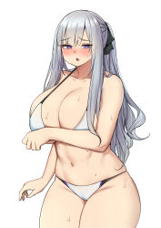 Rule 34 | 1girl, absurdres, ak-12 (girls&#039; frontline), artificial eye, bikini, blush, braid, breasts, cameltoe, cleavage, commentary, cowboy shot, english commentary, french braid, girls&#039; frontline, hair ribbon, highres, huge breasts, korean commentary, long hair, looking at viewer, mechanical eye, mixed-language commentary, navel, open mouth, ponytail, purple eyes, ribbon, samyukgoo369, sidelocks, silver hair, simple background, solo, sweat, swimsuit, thick thighs, thighs, white background, white bikini