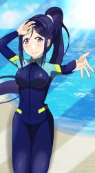 Rule 34 | 1girl, artist name, artist request, beach, blue bodysuit, blue hair, blue one-piece swimsuit, blue sky, blush, bodysuit, breasts, cloud, day, drivesuit, driving, female focus, hair between eyes, high ponytail, highres, long hair, long sleeves, looking at viewer, love live!, love live! school idol festival, love live! sunshine!!, matsuura kanan, medium breasts, ocean, one-piece swimsuit, outdoors, parted lips, ponytail, purple eyes, reaching, reaching towards viewer, sky, smile, solo, sun, sunlight, swimsuit, zipper, zipper pull tab