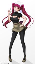 Rule 34 | 1girl, absurdres, black pantyhose, bleach, blush, breasts, covered collarbone, dokugamine riruka, fingernails, full body, hand on own hip, hat, heart, highres, large breasts, long hair, looking at viewer, mistowing, open mouth, pantyhose, pink eyes, pink hair, shiny skin, simple background, skirt, solo, standing, sweat, thighs, tsundere, twintails, white background, wide hips