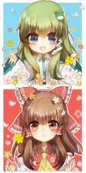 Rule 34 | 2girls, :&lt;, :d, ascot, bare shoulders, blush, bow, chibi, detached sleeves, flower, frog hair ornament, hair bow, hair ornament, hair tubes, hakurei reimu, highres, japanese clothes, kochiya sanae, long hair, long sleeves, looking at viewer, miko, multiple girls, open mouth, petals, ribbon-trimmed sleeves, ribbon trim, sidelocks, smile, snake hair ornament, star (symbol), touhou, upper body, wide sleeves, yuli (yulipo)