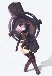 Rule 34 | 1girl, armor, armored dress, ass, black armor, black gloves, black leotard, black thighhighs, eyewear on head, fate/grand order, fate (series), from behind, full body, gloves, head-mounted display, highres, holding, holding shield, leotard, looking back, mash kyrielight, mash kyrielight (ortenaus), mosta (lo1777789), pink hair, purple eyes, shield, short hair, shoulder armor, solo, thighhighs, visor lift