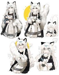 Rule 34 | 5girls, absurdres, animal ear fluff, animal ears, arknights, bead necklace, beads, bell, black eyes, blush, braid, breasts, earrings, hair between eyes, highres, holding, holding bell, hugging own tail, hugging tail, infection monitor (arknights), jewelry, kjerag logo, leopard ears, leopard tail, long hair, medium breasts, multiple girls, multiple persona, necklace, odmised, pramanix (arknights), ribbed sweater, scared, side braids, silver hair, sweater, tail, tassel, tassel earrings, twin braids, upper body, white background, white sweater