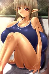 Rule 34 | 1girl, bad id, bad pixiv id, breasts, breasts on lap, breasts squeezed together, brown hair, elf, female focus, frown, gigantic breasts, highres, hiiaru, long hair, one-piece swimsuit, pointy ears, red eyes, sitting, solo, swimsuit, thighs