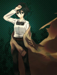 Rule 34 | 00s, 1girl, aku (akuing), arm up, belt, black hair, checkered background, dress shirt, expressionless, facing viewer, feet out of frame, foliage, goggles, goggles around neck, green eyes, highres, jacket, kino (kino no tabi), kino no tabi, looking at viewer, off shoulder, pants, reverse trap, scanlines, shirt, short hair, solo, standing, wind