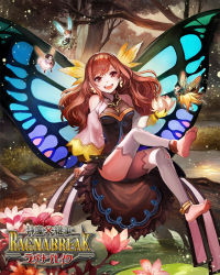 Rule 34 | 1girl, :d, anklet, arm support, bare shoulders, barefoot, black hair, branch, breasts, brown eyes, brown hair, butterfly wings, copyright name, dress, earrings, fairy, fairy wings, feet, flower, full body, hair flower, hair ornament, head tilt, insect wings, jewelry, lily pad, log, long hair, looking at viewer, open mouth, outdoors, shinma x keishou! ragnabreak, short hair, sitting, smile, taku (fishdrive), thighhighs, toeless legwear, toes, tree, water, white thighhighs, wings