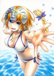 Rule 34 | 1girl, alternate costume, bikini, blonde hair, blue eyes, braid, breasts, cleavage, commentary request, cowboy shot, fate (series), headpiece, highres, jeanne d&#039;arc (fate), jeanne d&#039;arc (ruler) (fate), kawachi koorogi, large breasts, long hair, navel, open mouth, outstretched arms, outstretched hand, reaching, reaching towards viewer, sideboob, single braid, solo, stomach, swimsuit, thighs, very long hair, water, white bikini