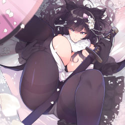 Rule 34 | 1girl, animal ears, areola slip, atago (azur lane), atago (hallmarks of winter) (azur lane), atago (hallmarks of winter) (azur lane), azur lane, black gloves, black hair, blush, breasts, flower, gloves, hair flower, hair ornament, highres, holding, holding sword, holding weapon, japanese clothes, katana, kimono, large breasts, leg hold, legs up, long hair, looking at viewer, lying, miya ur, mole, mole under eye, obi, on back, open clothes, open kimono, pantyhose, petals, purple pantyhose, sash, smile, solo, sword, thighband pantyhose, thighs, umbrella, weapon, white kimono, wide sleeves