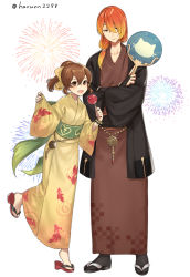 Rule 34 | 1boy, 1girl, alternate costume, brother and sister, brown eyes, brown hair, candy apple, closed mouth, crossed arms, delthea (fire emblem), fire emblem, fire emblem echoes: shadows of valentia, fireworks, food, haru (nakajou-28), highres, holding, japanese clothes, kimono, long hair, long sleeves, luthier (fire emblem), nintendo, obi, open mouth, orange hair, ponytail, sash, siblings, simple background, twitter username, white background, wide sleeves