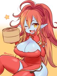 Rule 34 | 1girl, ;d, bad id, bad pixiv id, blue skin, blush, bracelet, breasts, china dress, chinese clothes, cleavage, cleavage cutout, clothing cutout, colored skin, demon girl, dress, earrings, elbow gloves, fang, garter straps, gloves, gradient background, hera-ur (p&amp;d), hera (p&amp;d), holding, hoop earrings, jewelry, large breasts, long hair, mashiro miru, no nose, one eye closed, open mouth, pointy ears, puzzle &amp; dragons, red dress, red gloves, red hair, red thighhighs, sitting, smile, solo, star (symbol), thighhighs, twitter username, very long hair, yellow eyes