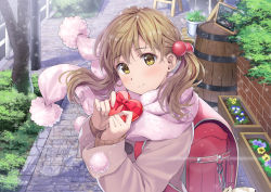 Rule 34 | 1girl, backpack, bag, barrel, blush, box, brown eyes, brown hair, bush, closed mouth, coat, commentary request, day, floating hair, flower, grey coat, hair bobbles, hair ornament, hands up, heart-shaped box, highres, long hair, long sleeves, looking at viewer, md5 mismatch, original, outdoors, pavement, picture frame, pink scarf, randoseru, red ribbon, resolution mismatch, ribbon, scarf, sleeves past wrists, smile, snowing, solo, source smaller, standing, tree, twintails, upper body, winter, winter clothes, yoropa
