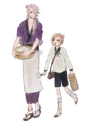 Rule 34 | 10s, 2boys, anklet, brown eyes, brown hair, bucket, candy, food, green eyes, hair ornament, hair over one eye, hairclip, highres, houchou toushirou, japanese clothes, jewelry, lollipop, male focus, multiple boys, open mouth, pink hair, sandals, shorts, smile, souza samonji, touken ranbu, zy (dondokodo-mu)