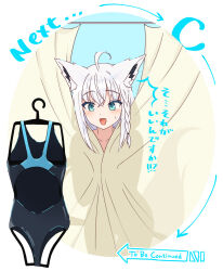 Rule 34 | 1girl, ahoge, animal ear fluff, animal ears, blue one-piece swimsuit, blush, braid, clothes hanger, commentary request, curtains, fox ears, fox girl, green eyes, hachiman tanuki, hair between eyes, highres, hololive, long hair, looking at viewer, one-piece swimsuit, open mouth, peeking out, shirakami fubuki, sidelocks, single braid, solo, sweatdrop, swimsuit, to be continued, translation request, virtual youtuber, white hair