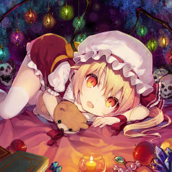 Rule 34 | 1girl, :d, apple, blonde hair, book, candle, candy, commentary request, crystal, dress, fangs, feet out of frame, flandre scarlet, food, frilled shirt collar, frills, fruit, gem, hair between eyes, hat, hat ribbon, holding, holding stuffed toy, jewelry, light particles, looking at viewer, lying, minamura haruki, mob cap, nail polish, open mouth, orange eyes, orange sash, pendant, petticoat, pointy ears, puffy short sleeves, puffy sleeves, red dress, red nails, red ribbon, ribbon, sash, short sleeves, side ponytail, skull, smile, solo, stuffed animal, stuffed toy, teddy bear, thighhighs, thighs, touhou, white hat, white thighhighs, wings, wrist ribbon, zettai ryouiki