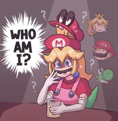 Rule 34 | 1girl, ?, ayyk92, cappy (mario), confused, cup, drinking glass, earrings, elbow gloves, empty eyes, english text, facial hair, gloves, mario, mario (series), mustache, nervous sweating, new super mario bros. u deluxe, nintendo, overalls, pink overalls, possessed, princess peach, sitting, sphere earrings, stacked hats, super crown, super mario 64, super mario odyssey, sweat, yoshi