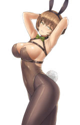 Rule 34 | 1girl, absurdres, animal ears, armpits, arms behind head, arms up, bare shoulders, black gloves, black hairband, black pantyhose, bow, bowtie, breasts, brown eyes, brown hair, brown leotard, brownie (last origin), cleavage, covered navel, cowboy shot, fake animal ears, gloves, green bow, green bowtie, hairband, highres, large breasts, last origin, leotard, looking at viewer, pantyhose, parted lips, playboy bunny, poorgom, rabbit ears, rabbit tail, seductive smile, short hair, smile, solo, strapless, strapless leotard, tail, thighs, underbust