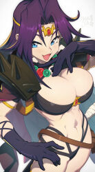 Rule 34 | 1girl, abs, armor, artist name, belt pouch, blue eyes, breasts, cleavage, commentary request, elbow gloves, gloves, hand on own hip, hand up, hata4564, highleg, highleg panties, highres, jewelry, large breasts, long hair, looking at viewer, naga the serpent, navel, open mouth, panties, parted bangs, pouch, purple hair, shiny clothes, shoulder armor, signature, simple background, slayers, smile, spikes, stomach, tiara, underwear