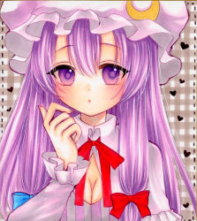 Rule 34 | 1girl, blush, bow, capelet, crescent, dress, hat, heart, highres, long hair, long sleeves, looking at viewer, mob cap, patchouli knowledge, purple eyes, purple hair, ribbon, solo, striped, touhou, traditional media, upper body, very long hair, yuuki hana (jtnp5334)