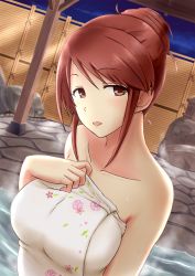 Rule 34 | 1girl, 1mm (norizo), :d, alternate hairstyle, bare arms, bare shoulders, blush, breasts, brown eyes, brown hair, cobblestone, collarbone, fence, hair bun, hand on own chest, highres, idolmaster, idolmaster cinderella girls, large breasts, light blush, looking at viewer, mifune miyu, naked towel, night, night sky, onsen, open mouth, outdoors, rock, sidelocks, single hair bun, sky, smile, solo, steam, towel, water, wet