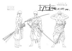 Rule 34 | 1boy, absurdres, character sheet, highres, holding, holding sword, holding weapon, japanese clothes, katana, monochrome, muscular, official art, one piece, pectorals, roronoa zoro, scan, scar, scar across eye, short hair, simple background, sword, translation request, weapon