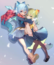 Rule 34 | 2girls, absurdres, ahoge, arms around neck, black footwear, black pantyhose, blue bow, blue eyes, blue hair, blue shirt, blue skirt, blush, boots, bow, bowtie, cardigan, cirno, closed mouth, commentary, commission, daiyousei, detached wings, fang, full body, green eyes, green hair, hair between eyes, hair bow, highres, hug, ice, ice wings, loafers, long sleeves, looking at viewer, lower teeth only, medium hair, multiple girls, natsuki (ukiwakudasai), open mouth, pantyhose, pleated skirt, ponytail, red scarf, scarf, second-party source, shirt, shoes, skeb commission, skin fang, skirt, teeth, touhou, white cardigan, wings, yellow bow, yellow bowtie, yellow footwear