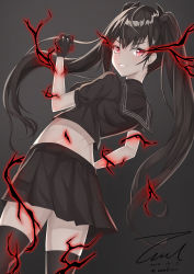 Rule 34 | 1girl, arm at side, black gloves, black hair, black ribbon, black serafuku, black skirt, blush, bow, breasts, collarbone, cowboy shot, dated, double bun, electricity, eyes visible through hair, floating hair, from behind, girls&#039; frontline, gloves, hair bun, hair ribbon, hand up, long hair, looking at viewer, looking back, medium breasts, ouroboros (girls&#039; frontline), parted lips, pleated skirt, red eyes, ribbon, sailor, sangvis ferri, school uniform, serafuku, signature, simple background, skirt, smile, solo, thighhighs, twintails, twitter username, unel1211, uniform, very long hair