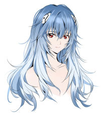 Rule 34 | 1girl, alternate hair length, alternate hairstyle, ayanami rei, blue hair, completely nude, da huang, eva 00, evangelion: 3.0+1.0 thrice upon a time, hair between eyes, interface headset, long hair, neon genesis evangelion, nude, rebuild of evangelion, red eyes, simple background, smile, solo, spoilers, topless frame, upper body, white background