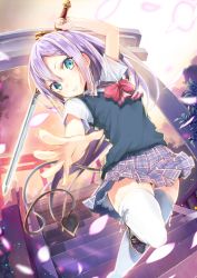Rule 34 | 1girl, arm up, blue eyes, cherry blossoms, demon tail, fighting stance, hair between eyes, holding, holding sword, holding weapon, leg up, loafers, long hair, looking at viewer, miniskirt, motion blur, original, outstretched arm, palms, petals, plaid, plaid skirt, purple hair, revision, school uniform, shirt, shoes, short sleeves, skirt, solo, sweater vest, sword, tail, thighhighs, torii, umeboshitora, upskirt, weapon, white shirt, white thighhighs